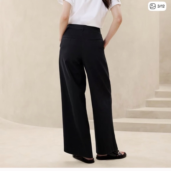 Banana Republic Explorer Nouve Wide Leg Pleated Pants Black 12 Cotton - Picture 3 of 10